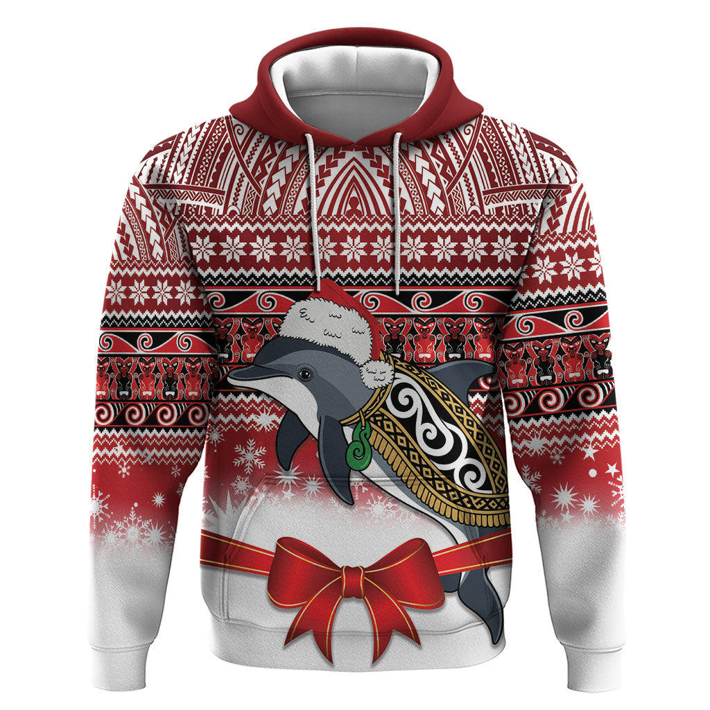 New Zealand Dolphin Terehu Christmas Hoodie Maori Inspired Knitted Patterns LT9 Pullover Hoodie Red - Polynesian Pride