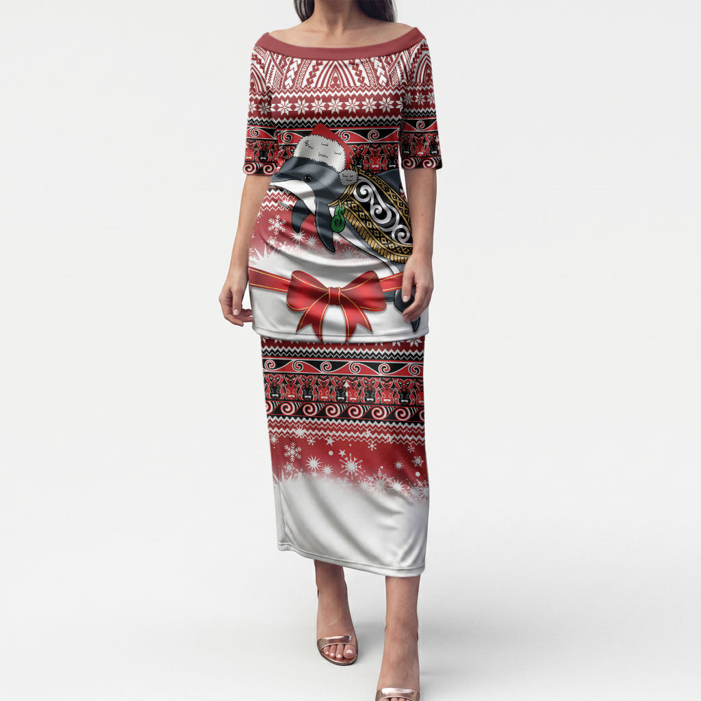 New Zealand Dolphin Terehu Christmas Puletasi Maori Inspired Knitted Patterns LT9 Long Dress Red - Polynesian Pride