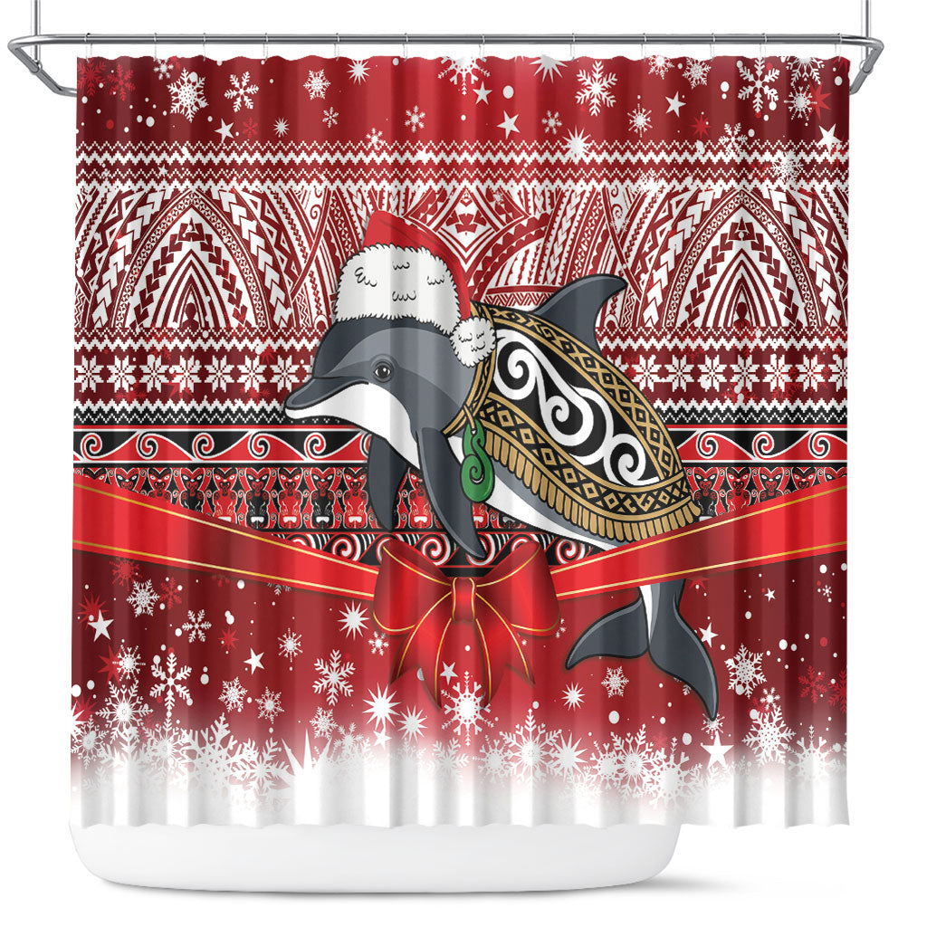 New Zealand Dolphin Terehu Christmas Shower Curtain Maori Inspired Knitted Patterns LT9 Red - Polynesian Pride