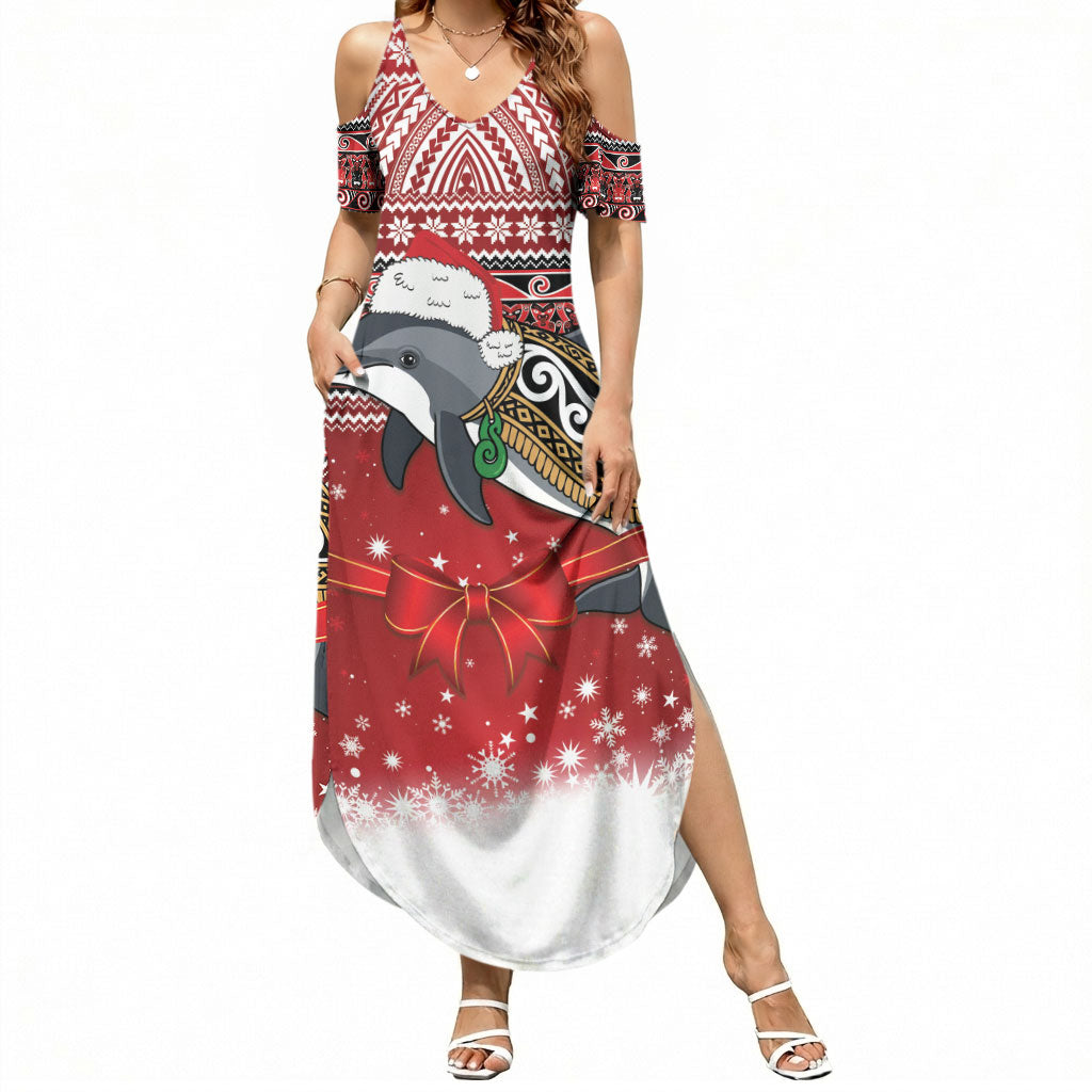 New Zealand Dolphin Terehu Christmas Summer Maxi Dress Maori Inspired Knitted Patterns LT9 Women Red - Polynesian Pride