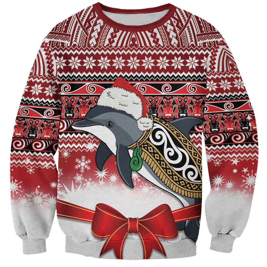 New Zealand Dolphin Terehu Christmas Sweatshirt Maori Inspired Knitted Patterns LT9 Unisex Red - Polynesian Pride