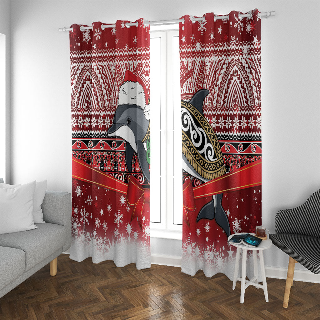 New Zealand Dolphin Terehu Christmas Window Curtain Maori Inspired Knitted Patterns LT9 With Grommets Red - Polynesian Pride