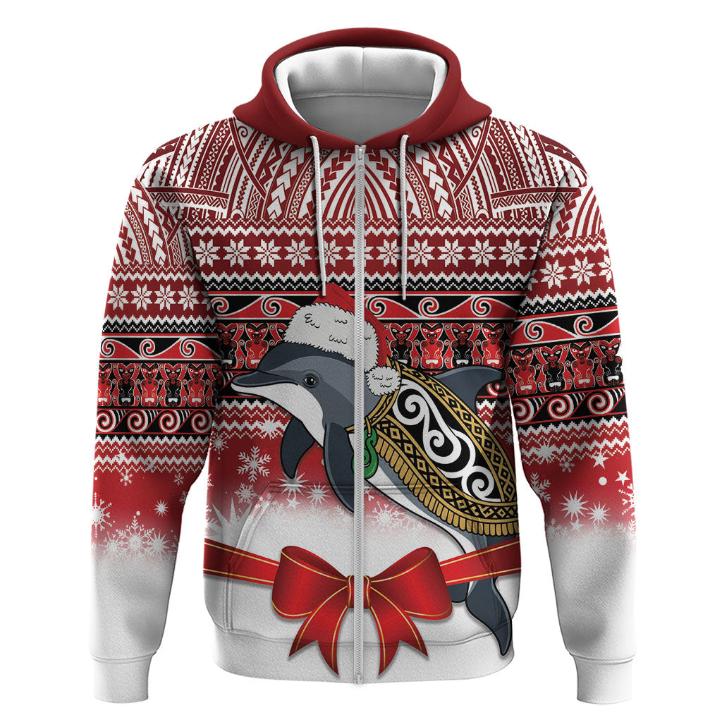 New Zealand Dolphin Terehu Christmas Zip Hoodie Maori Inspired Knitted Patterns LT9 Zip Hoodie Red - Polynesian Pride