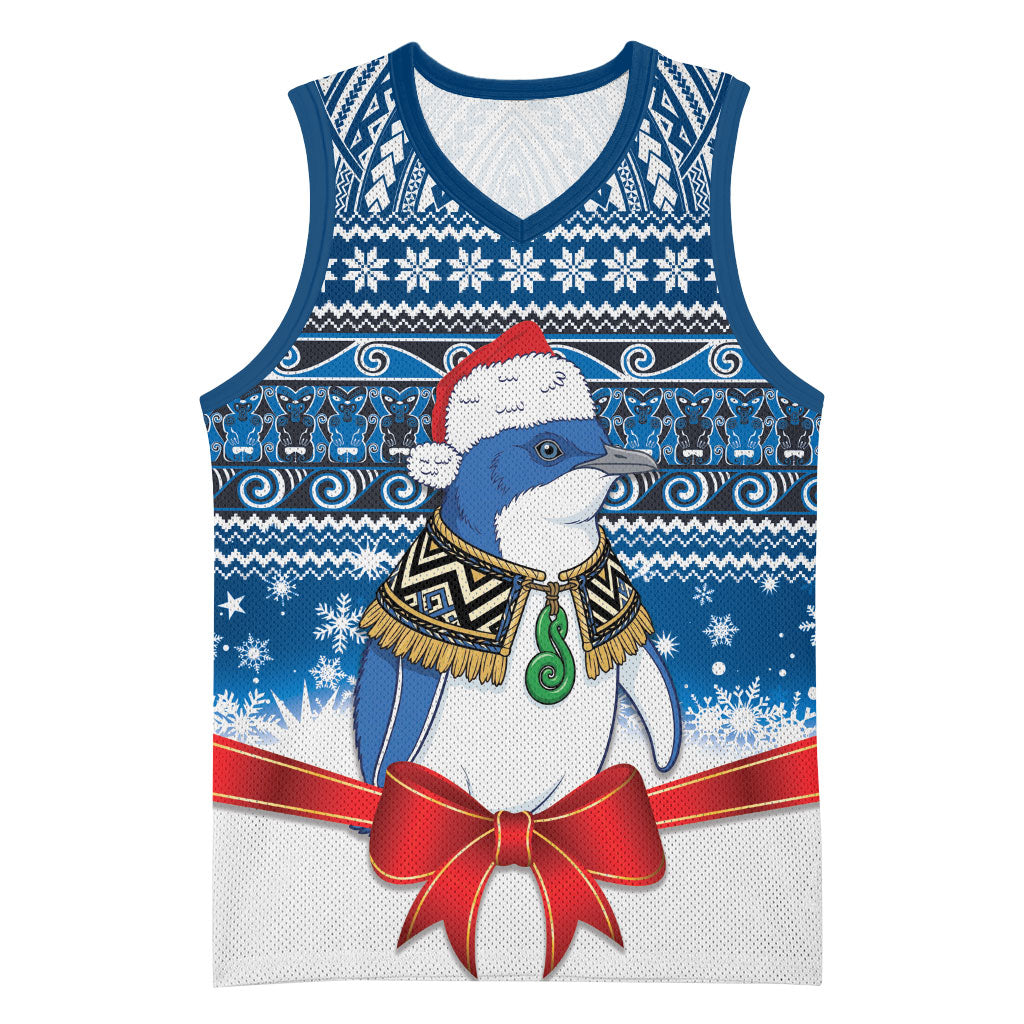 New Zealand Fairy Penguin Korora Christmas Basketball Jersey Maori Inspired Knitted Patterns LT9 Unisex Blue - Polynesian Pride