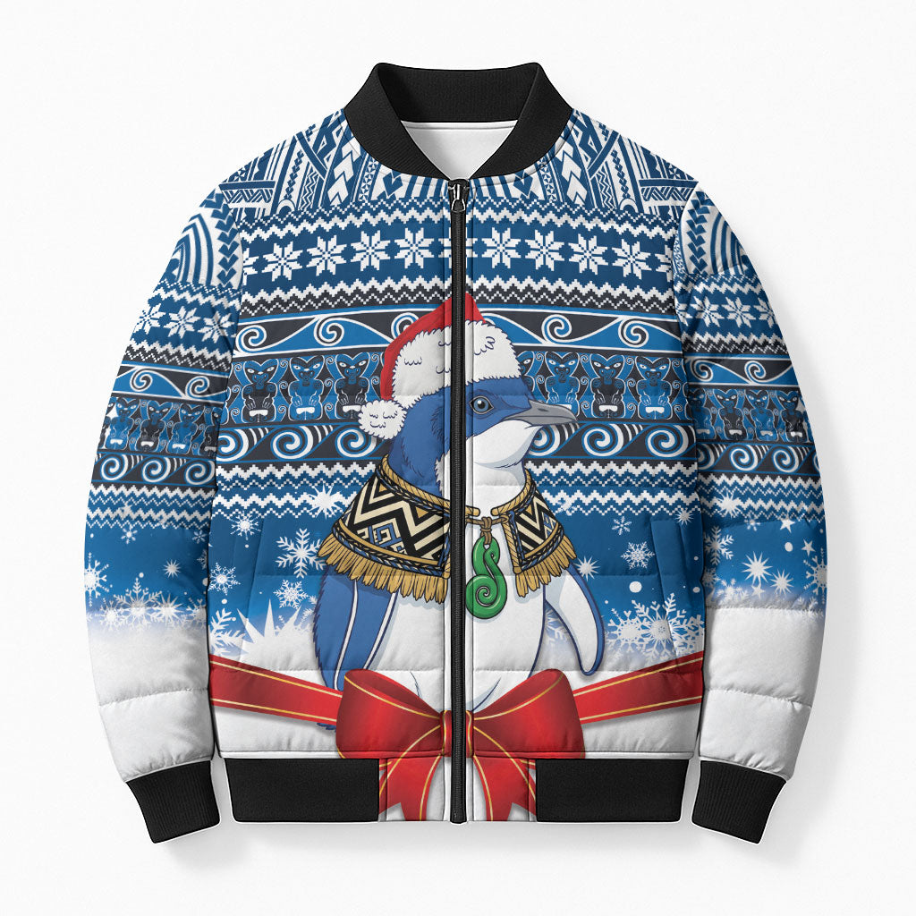 New Zealand Fairy Penguin Korora Christmas Bomber Puffer Jacket Maori Inspired Knitted Patterns LT9 Unisex Blue - Polynesian Pride