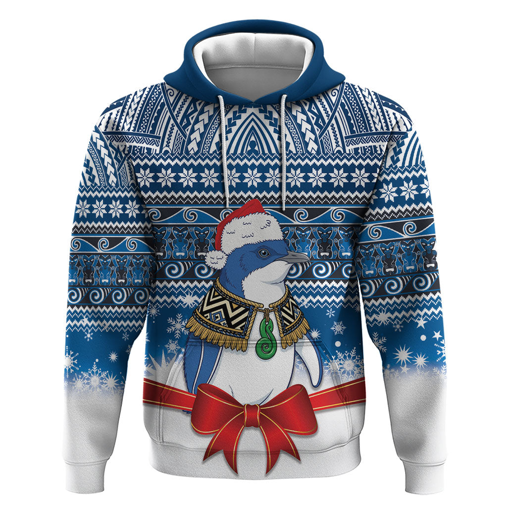 New Zealand Fairy Penguin Korora Christmas Hoodie Maori Inspired Knitted Patterns LT9 Pullover Hoodie Blue - Polynesian Pride