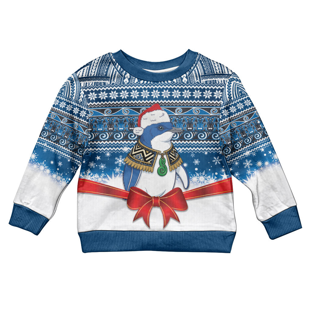 New Zealand Fairy Penguin Korora Christmas Kid Ugly Christmas Sweater Maori Inspired Knitted Patterns LT9 Kid Blue - Polynesian Pride