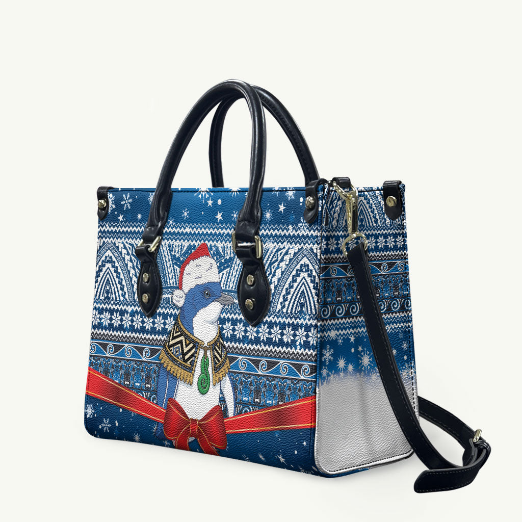 New Zealand Fairy Penguin Korora Christmas Leather Bag Maori Inspired Knitted Patterns LT9 Blue - Polynesian Pride