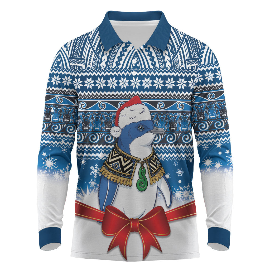 New Zealand Fairy Penguin Korora Christmas Long Sleeve Polo Shirt Maori Inspired Knitted Patterns LT9 Blue - Polynesian Pride