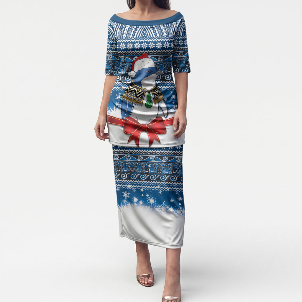 New Zealand Fairy Penguin Korora Christmas Puletasi Maori Inspired Knitted Patterns LT9 Long Dress Blue - Polynesian Pride