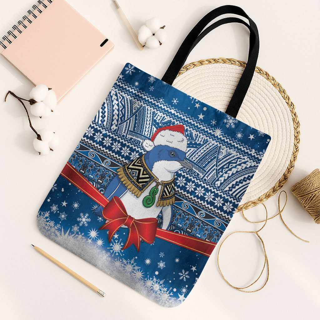 New Zealand Fairy Penguin Korora Christmas Tote Bag Maori Inspired Knitted Patterns LT9 Black Strap One Size Blue - Polynesian Pride