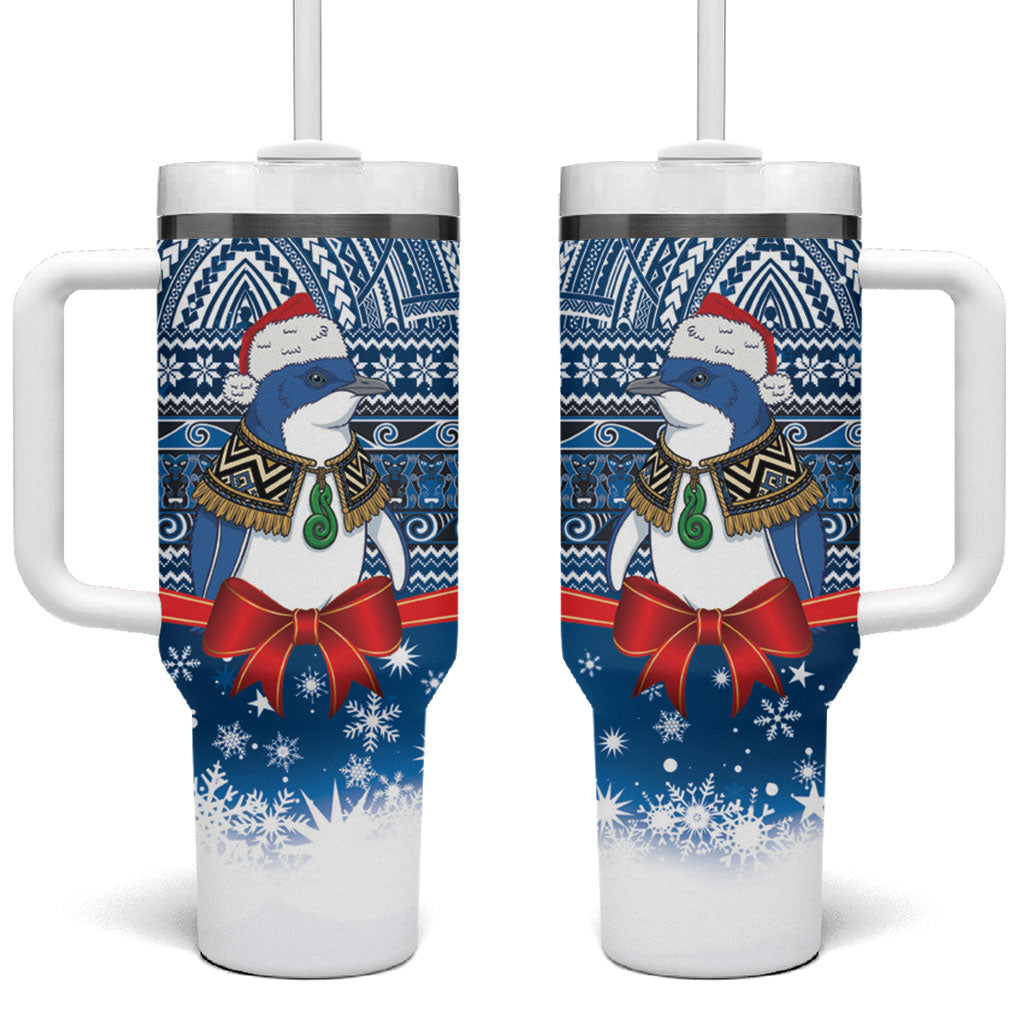 New Zealand Fairy Penguin Korora Christmas Tumbler With Handle Maori Inspired Knitted Patterns LT9 One Size: 40 oz Blue - Polynesian Pride