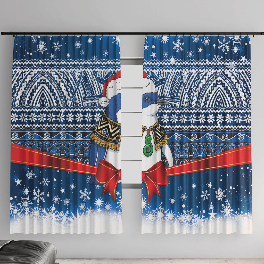 New Zealand Fairy Penguin Korora Christmas Window Curtain Maori Inspired Knitted Patterns LT9 With Hooks Blue - Polynesian Pride
