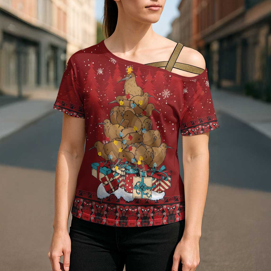 Funny Kiwi Bird Xmas Tree Cross Shoulder Shirt New Zealand Tribal Christmas Spirit - Polynesian Pride