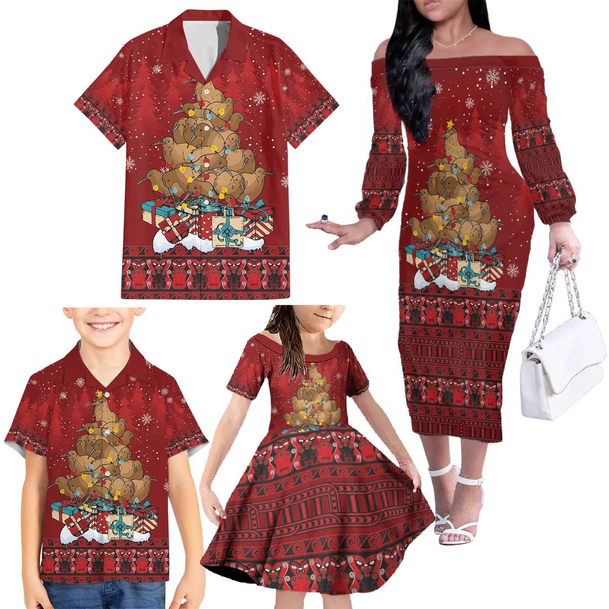 Funny Kiwi Bird Xmas Tree Family Matching Off The Shoulder Long Sleeve Dress and Hawaiian Shirt New Zealand Tribal Christmas Spirit - Polynesian Pride