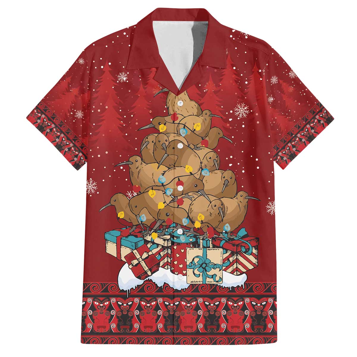 Funny Kiwi Bird Xmas Tree Family Matching Off The Shoulder Long Sleeve Dress and Hawaiian Shirt New Zealand Tribal Christmas Spirit - Polynesian Pride
