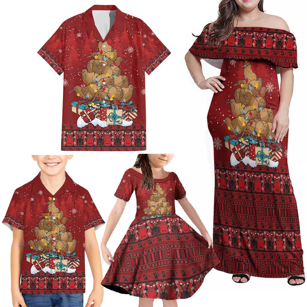 Funny Kiwi Bird Xmas Tree Family Matching Off Shoulder Maxi Dress and Hawaiian Shirt New Zealand Tribal Christmas Spirit - Polynesian Pride