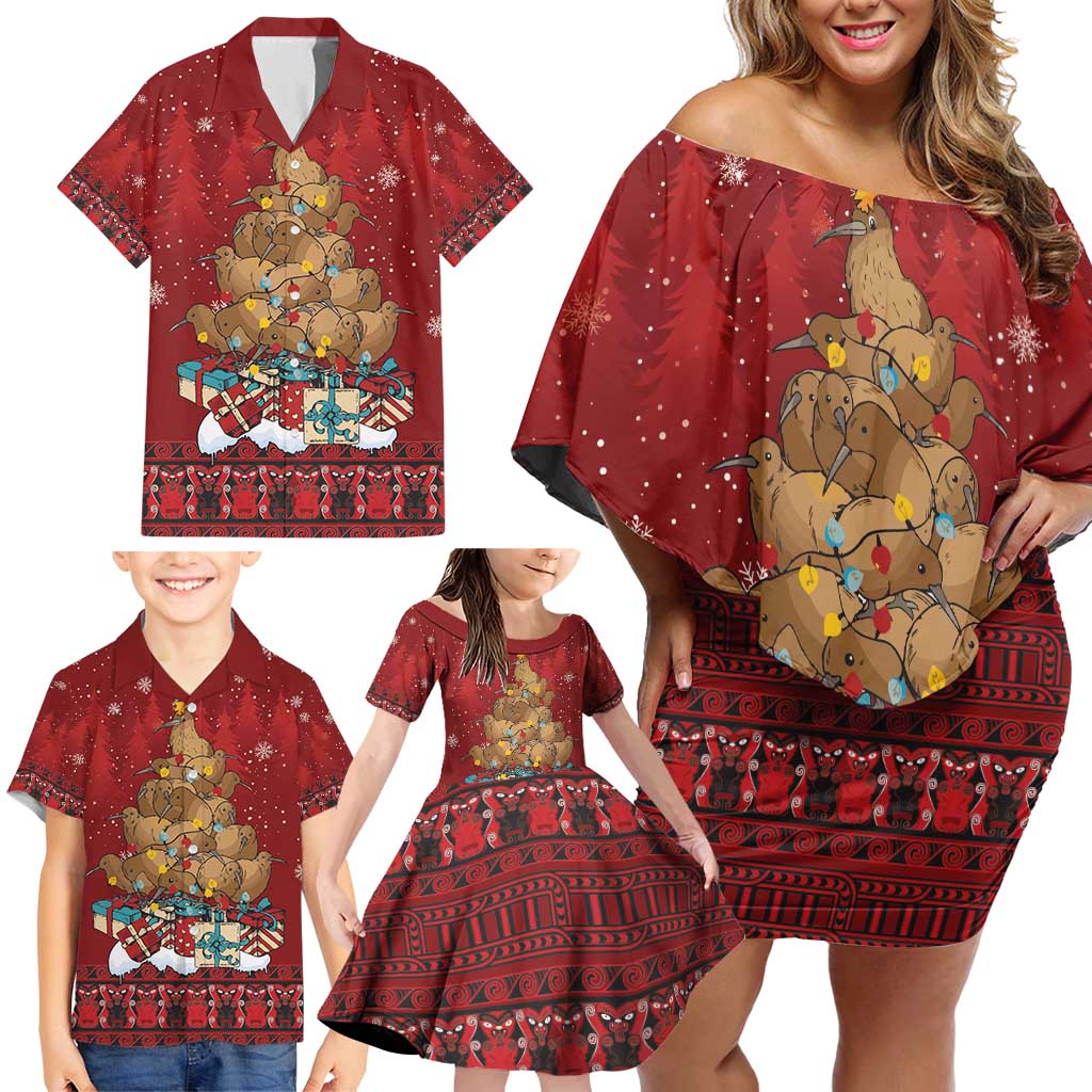 Funny Kiwi Bird Xmas Tree Family Matching Off Shoulder Short Dress and Hawaiian Shirt New Zealand Tribal Christmas Spirit - Polynesian Pride