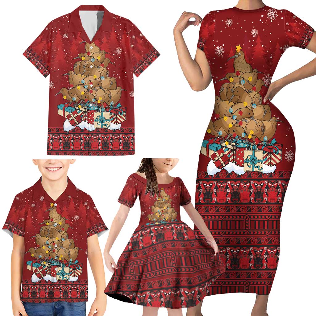 Funny Kiwi Bird Xmas Tree Family Matching Short Sleeve Bodycon Dress and Hawaiian Shirt New Zealand Tribal Christmas Spirit - Polynesian Pride