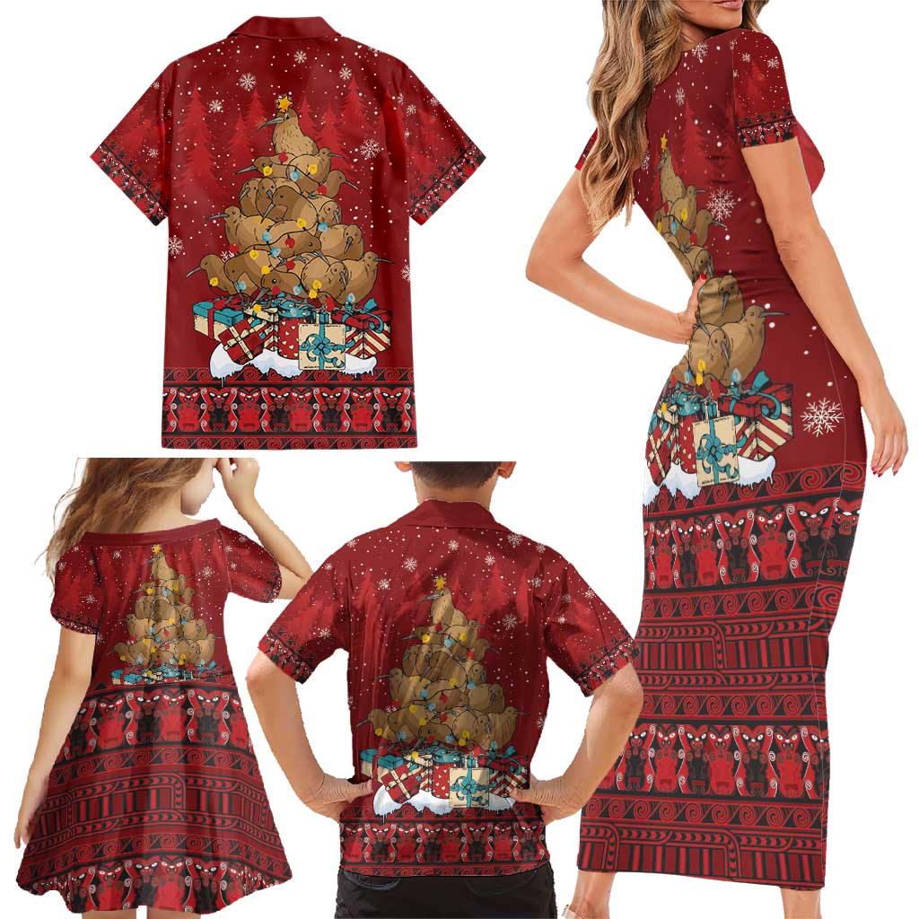 Funny Kiwi Bird Xmas Tree Family Matching Short Sleeve Bodycon Dress and Hawaiian Shirt New Zealand Tribal Christmas Spirit - Polynesian Pride