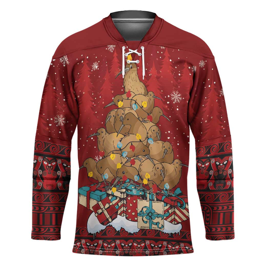 Funny Kiwi Bird Xmas Tree Hockey Jersey New Zealand Tribal Christmas Spirit - Polynesian Pride