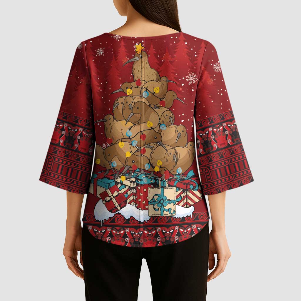 Funny Kiwi Bird Xmas Tree Kimono Sleeve Blouse New Zealand Tribal Christmas Spirit - Polynesian Pride