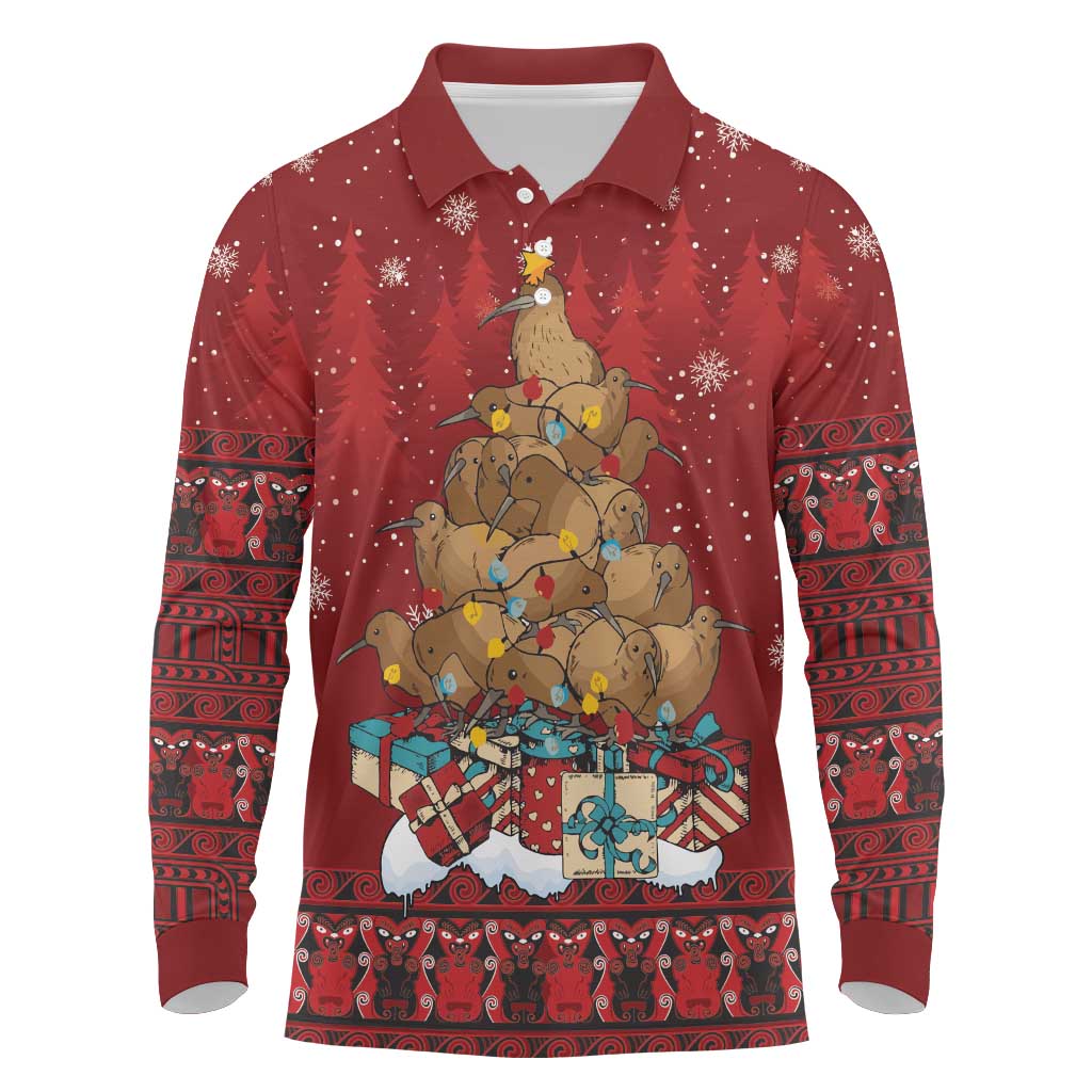 Funny Kiwi Bird Xmas Tree Long Sleeve Polo Shirt New Zealand Tribal Christmas Spirit - Polynesian Pride