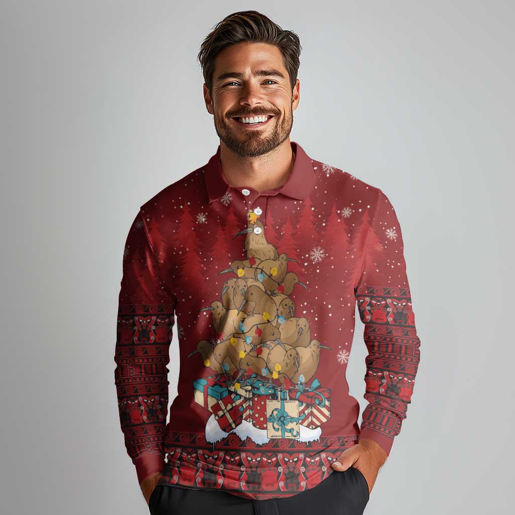 Funny Kiwi Bird Xmas Tree Long Sleeve Polo Shirt New Zealand Tribal Christmas Spirit - Polynesian Pride