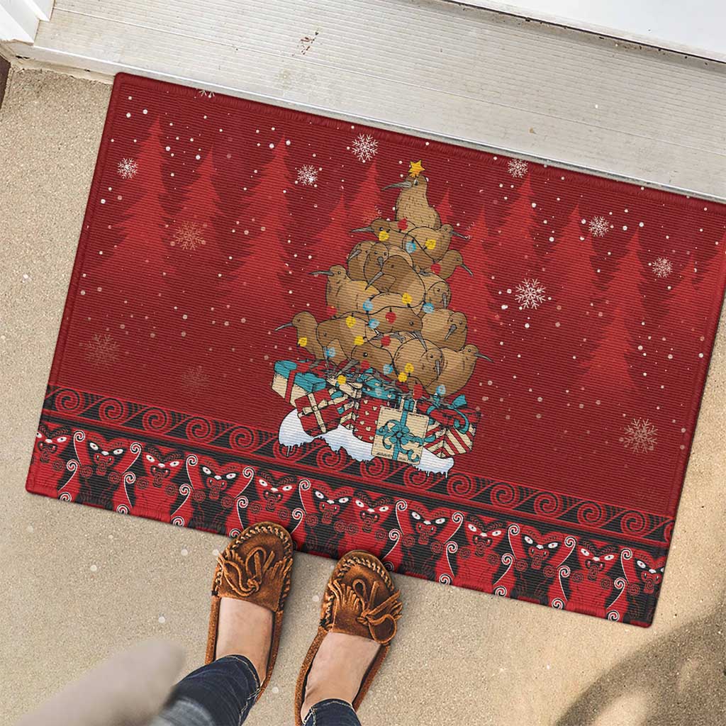 Funny Kiwi Bird Xmas Tree Rubber Doormat New Zealand Tribal Christmas Spirit - Polynesian Pride