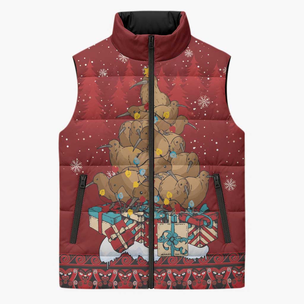Funny Kiwi Bird Xmas Tree Sleeveless Puffer Jacket New Zealand Tribal Christmas Spirit - Polynesian Pride