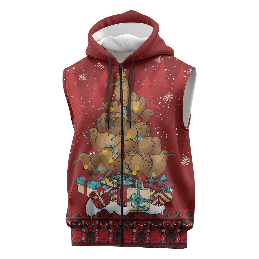 Funny Kiwi Bird Xmas Tree Sleeveless Zip Hoodie New Zealand Tribal Christmas Spirit - Polynesian Pride