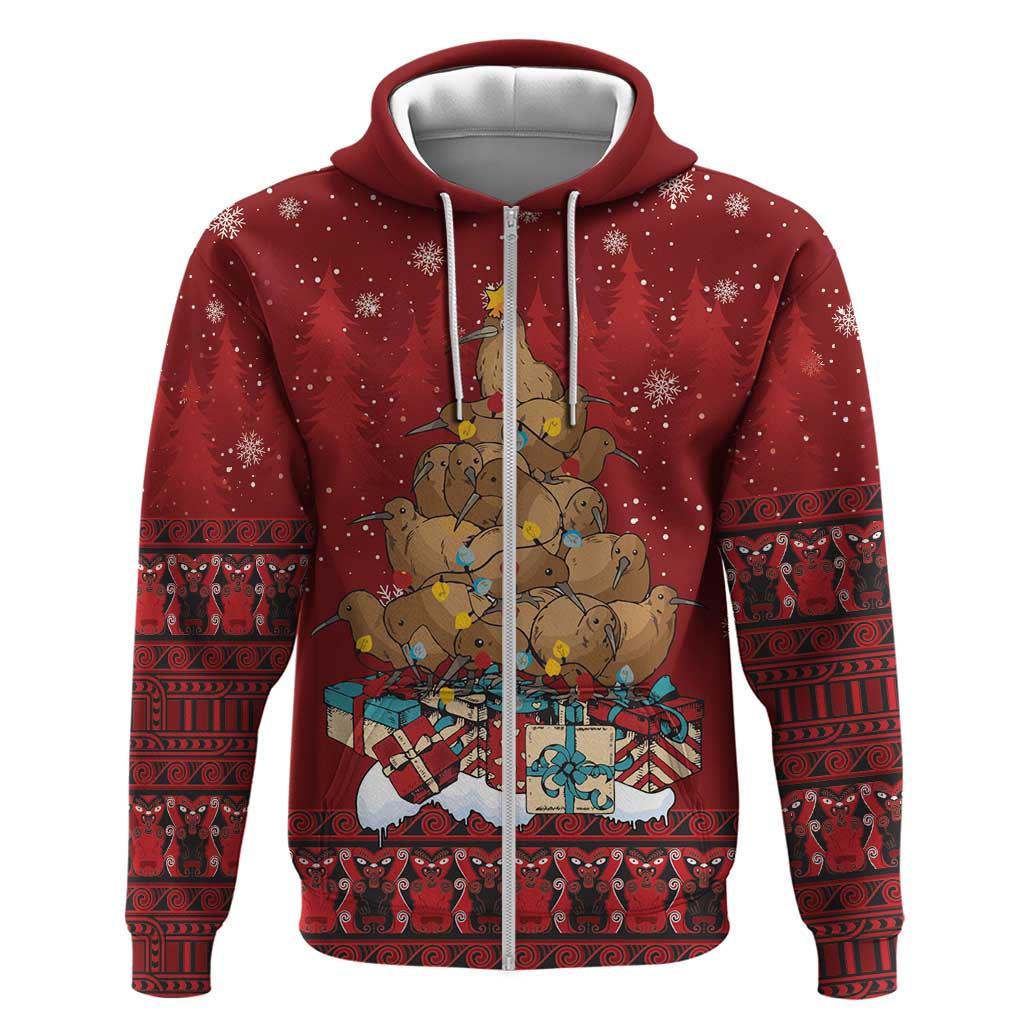 Funny Kiwi Bird Xmas Tree Zip Hoodie New Zealand Tribal Christmas Spirit - Polynesian Pride