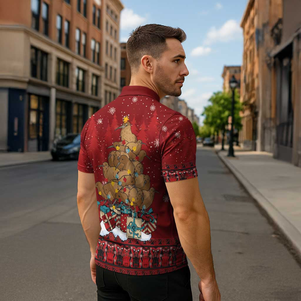 Funny Kiwi Bird Xmas Tree Zipper Polo Shirt New Zealand Tribal Christmas Spirit - Polynesian Pride