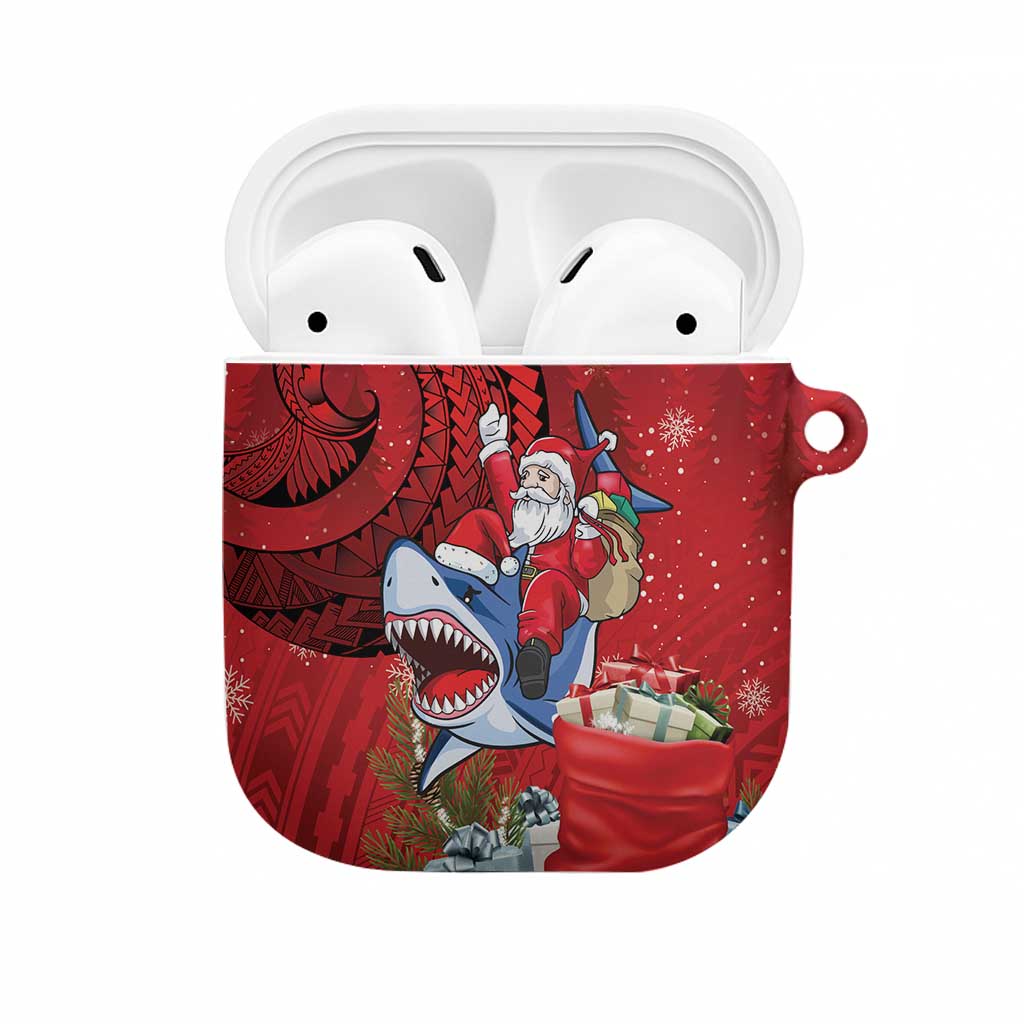 Funny Santa Riding Shark AirPods Case Polynesian Tribal Christmas Spirit - Polynesian Pride