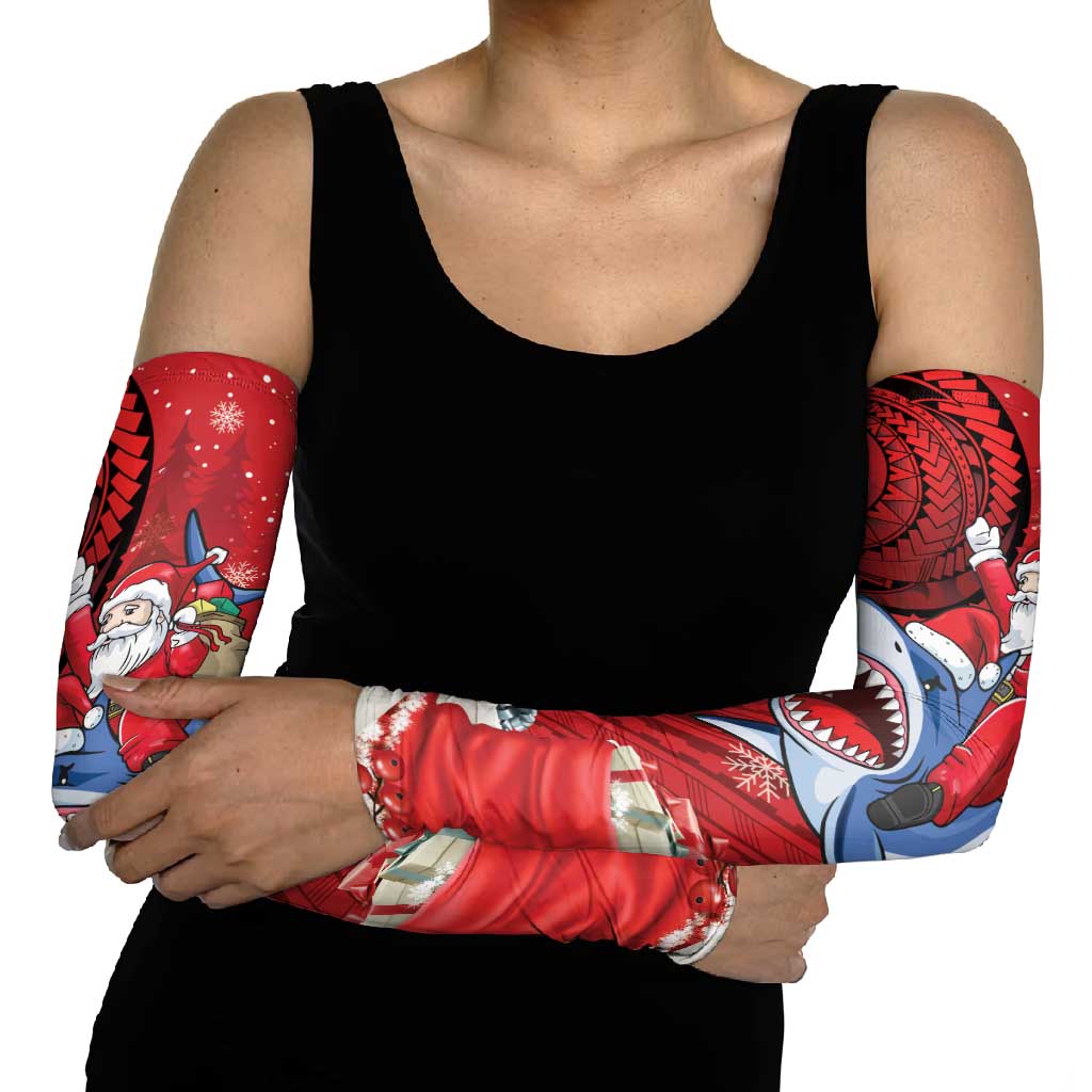 Funny Santa Riding Shark Arm Sleeves Polynesian Tribal Christmas Spirit - Polynesian Pride
