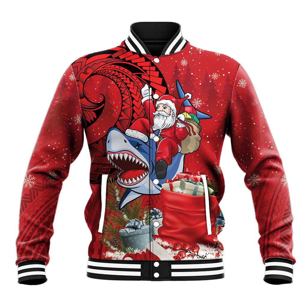 Funny Santa Riding Shark Baseball Jacket Polynesian Tribal Christmas Spirit - Polynesian Pride