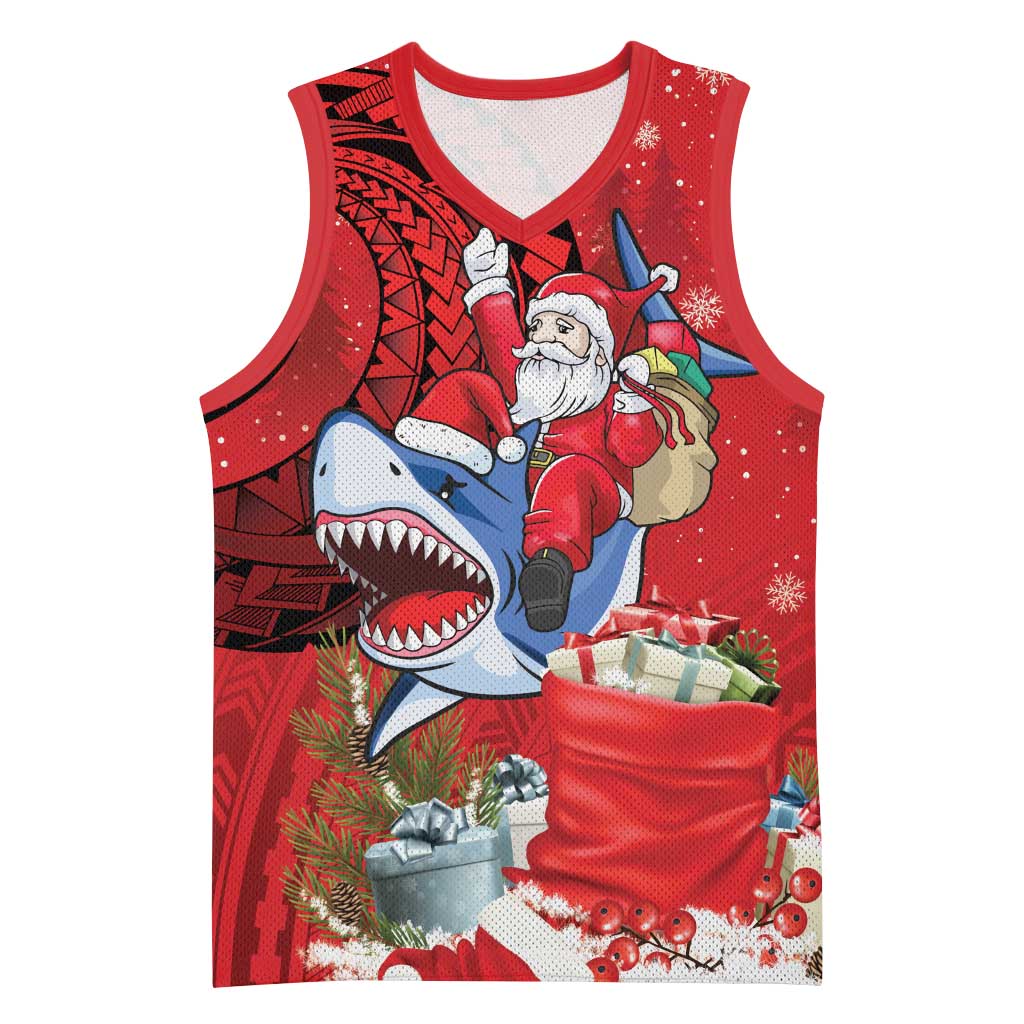 Funny Santa Riding Shark Basketball Jersey Polynesian Tribal Christmas Spirit - Polynesian Pride
