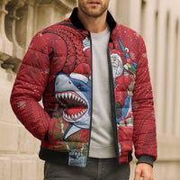 Funny Santa Riding Shark Bomber Puffer Jacket Polynesian Tribal Christmas Spirit - Polynesian Pride