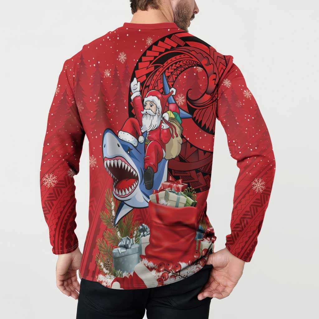 Funny Santa Riding Shark Button Sweatshirt Polynesian Tribal Christmas Spirit - Polynesian Pride