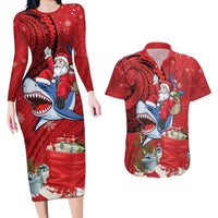 Funny Santa Riding Shark Couples Matching Long Sleeve Bodycon Dress and Hawaiian Shirt Polynesian Tribal Christmas Spirit - Polynesian Pride