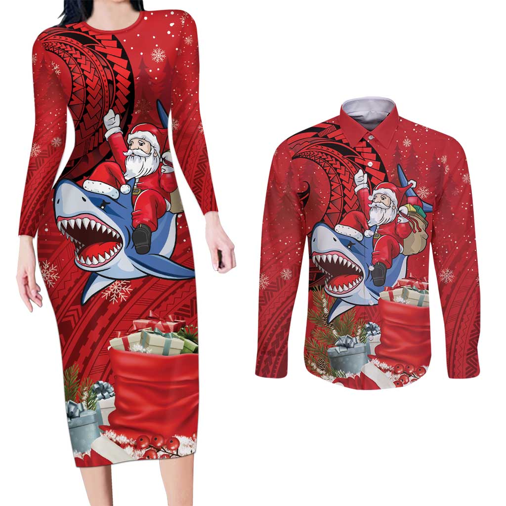 Funny Santa Riding Shark Couples Matching Long Sleeve Bodycon Dress and Long Sleeve Button Shirt Polynesian Tribal Christmas Spirit - Polynesian Pride