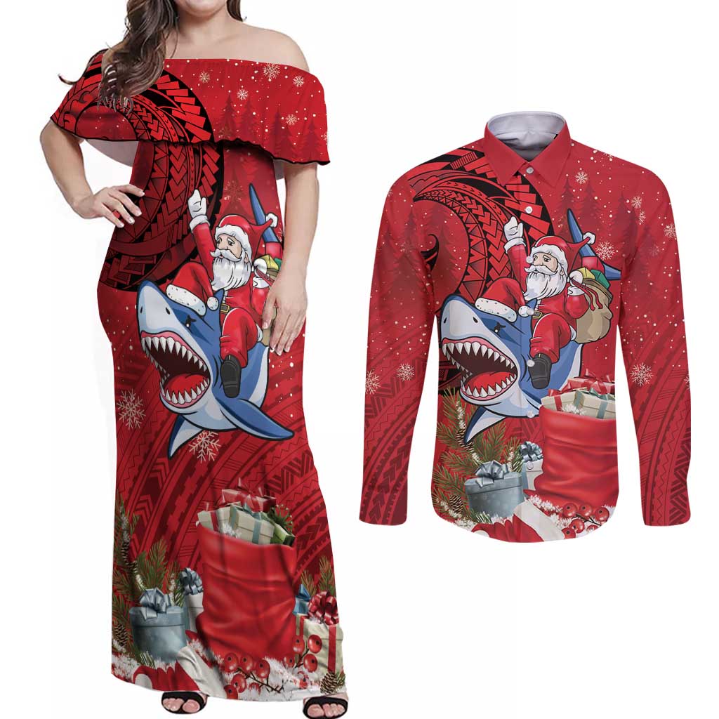 Funny Santa Riding Shark Couples Matching Off Shoulder Maxi Dress and Long Sleeve Button Shirt Polynesian Tribal Christmas Spirit - Polynesian Pride