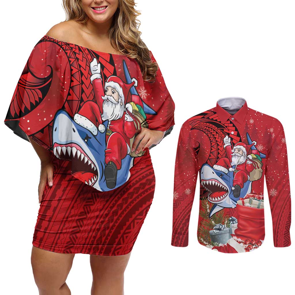 Funny Santa Riding Shark Couples Matching Off Shoulder Short Dress and Long Sleeve Button Shirt Polynesian Tribal Christmas Spirit - Polynesian Pride