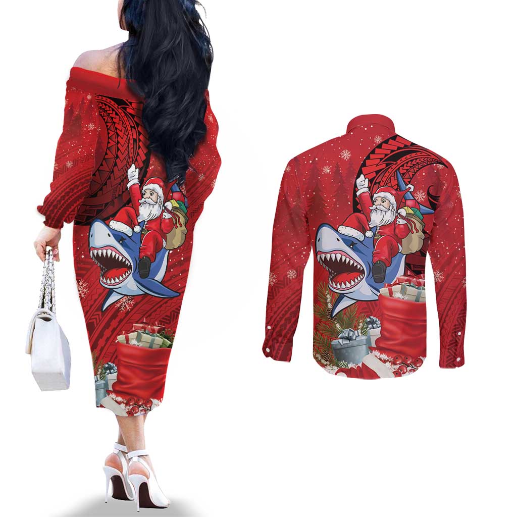 Funny Santa Riding Shark Couples Matching Off The Shoulder Long Sleeve Dress and Long Sleeve Button Shirt Polynesian Tribal Christmas Spirit - Polynesian Pride