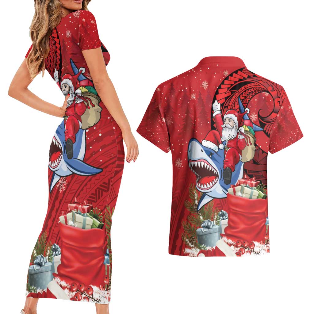 Funny Santa Riding Shark Couples Matching Short Sleeve Bodycon Dress and Hawaiian Shirt Polynesian Tribal Christmas Spirit - Polynesian Pride