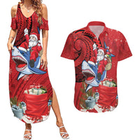 Funny Santa Riding Shark Couples Matching Summer Maxi Dress and Hawaiian Shirt Polynesian Tribal Christmas Spirit - Polynesian Pride