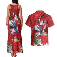 Funny Santa Riding Shark Couples Matching Tank Maxi Dress and Hawaiian Shirt Polynesian Tribal Christmas Spirit - Polynesian Pride