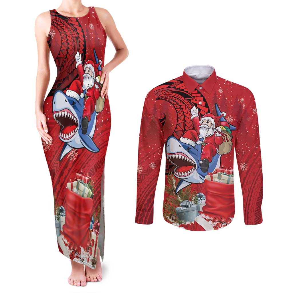 Funny Santa Riding Shark Couples Matching Tank Maxi Dress and Long Sleeve Button Shirt Polynesian Tribal Christmas Spirit - Polynesian Pride