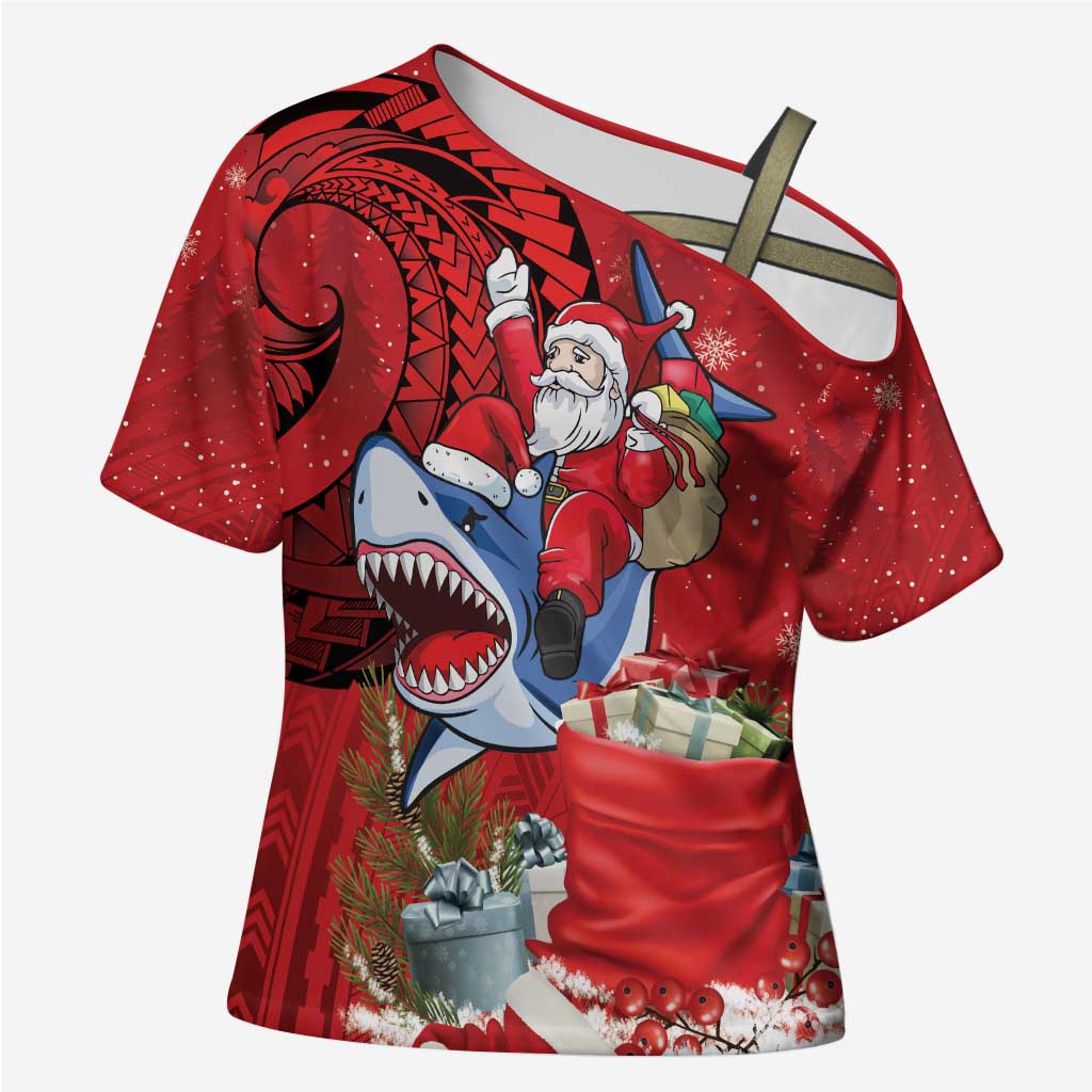 Funny Santa Riding Shark Cross Shoulder Shirt Polynesian Tribal Christmas Spirit - Polynesian Pride
