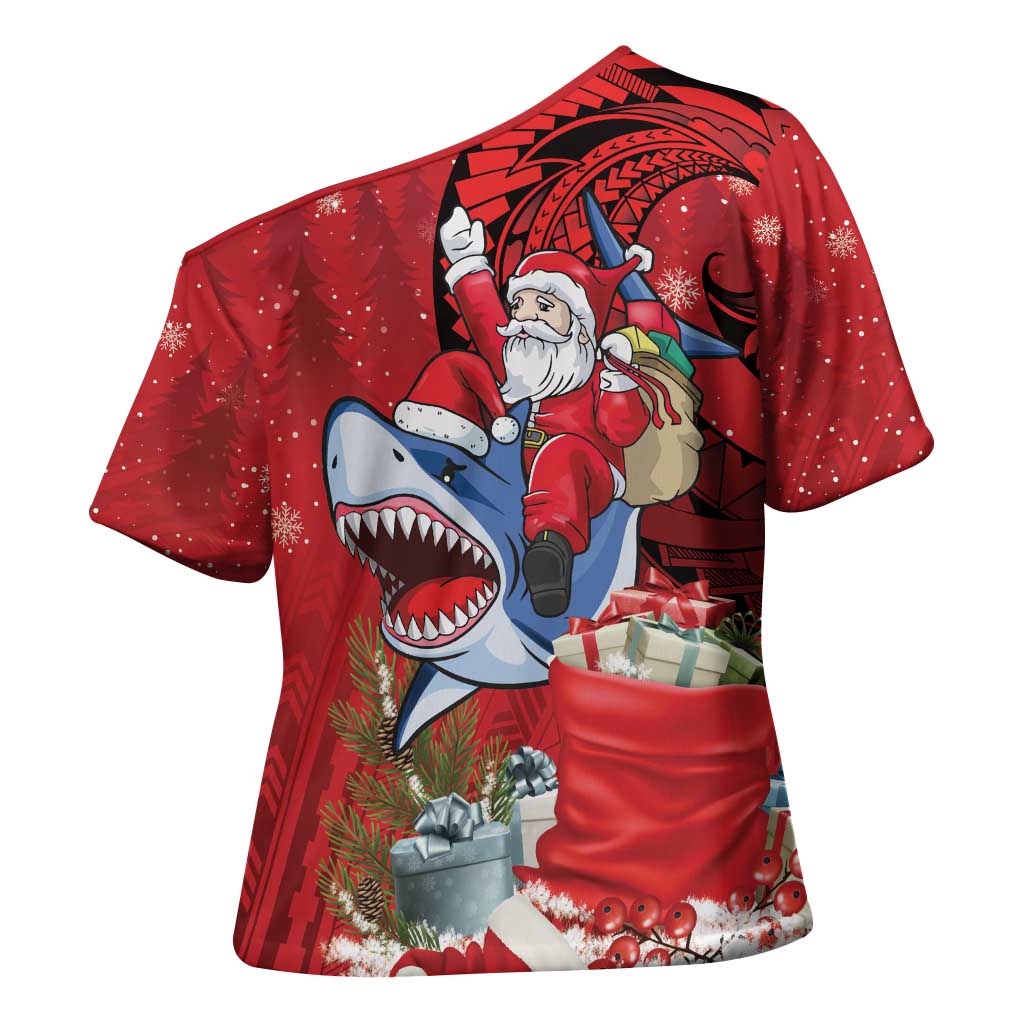 Funny Santa Riding Shark Cross Shoulder Shirt Polynesian Tribal Christmas Spirit - Polynesian Pride